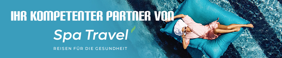 Banner von Spa Travel mit Frau auf einem Schwimmkissen